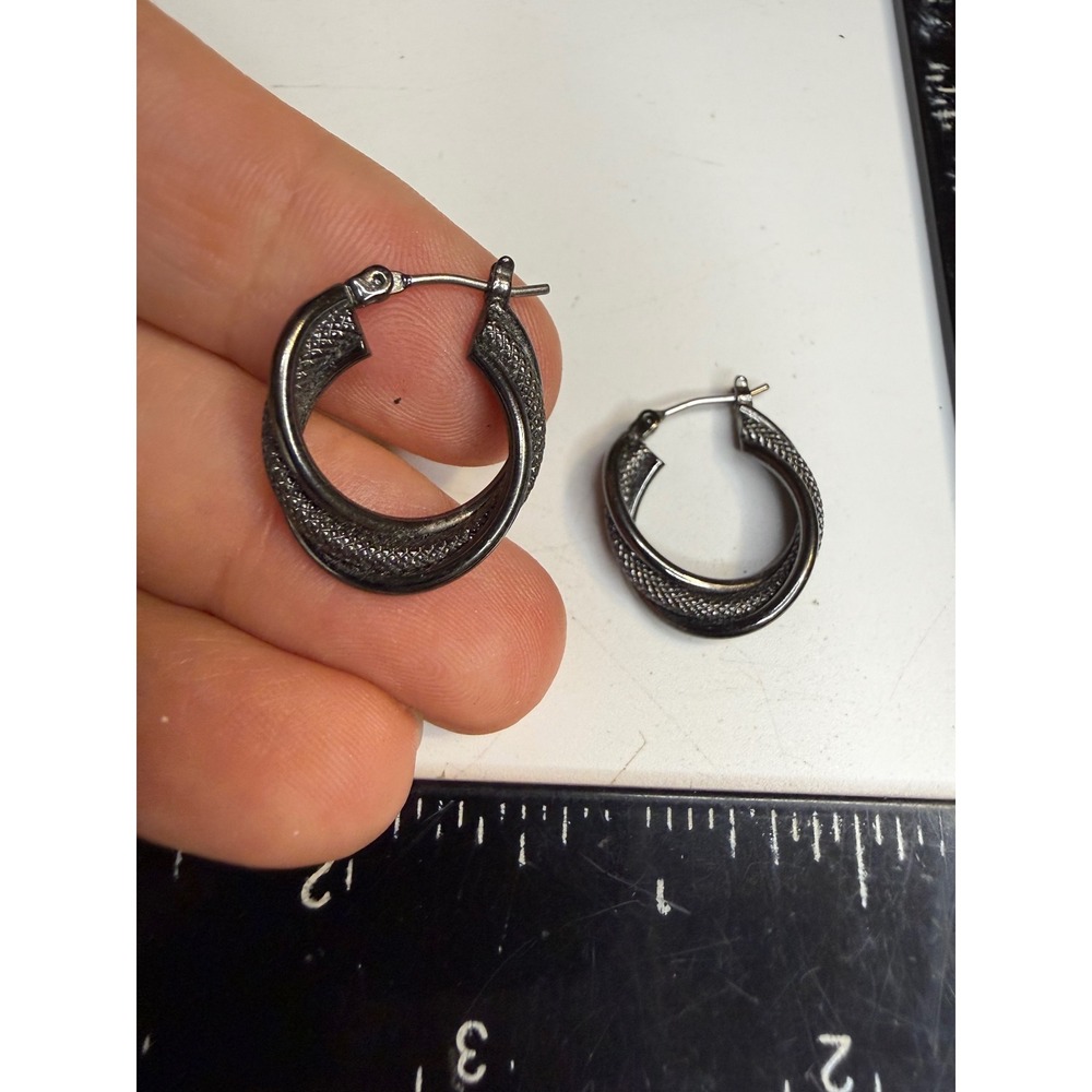 Gunmetal Tone Twisted Textured Mesh Hoop Earrings Snap Bar Closure